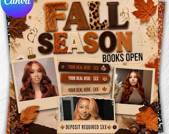 September Books Now Open Flyer, September Booking Flyer Template Canva, Hair Lash Nail Braid Makeup Beauty Stylist Fall Booking Promo Design