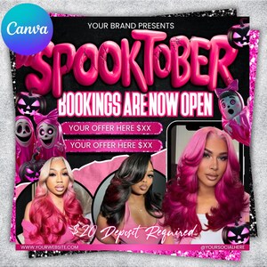 May include: A promotional graphic with a black and pink Halloween theme. The text "SPOOKTOBER" and "BOOKINGS ARE NOW OPEN" are prominent. The image includes illustrations of ghosts, pumpkins, and three women with styled hair. The graphic also includes website and social media information.
