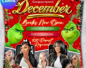 December Booking flyer , Holiday Booking Flyer, Book Now Flyer, Christmas Sale Flyer, Lash, Hair, Makeup, Nails, Wig Flyer, Canva Editable
