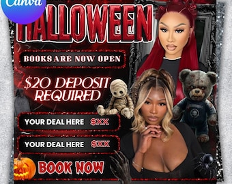 October Booking Flyer, October Books Open, Halloween Hair Flyer, Spooky SZN Flyer, October Hair Flyer, Nails MUA Lash Locs Wig, DIY Canva
