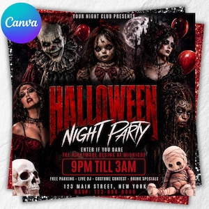 Puede incluir: Un folleto de fiesta de Halloween con un payaso, una muñeca, una mujer, una calavera y una muñeca momia. El texto dice: YOUR NIGHT CLUB PRESENTS HALLOWEEN NIGHT PARTY, ENTER IF YOU DARE, THE NIGHTMARE BEGINS AT MIDNIGHT, 9PM TILL 3AM, FREE PARKING, LIVE DJ, COSTUME CONTEST, DRINK SPECIALS, 123 MAIN STREET, NEW YORK, RSVP: 123-098-0000.