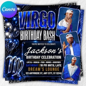 Puede incluir: Un folleto digital para una fiesta de cumpleaños Virgo con globos azules y plateados, un símbolo de Virgo metálico y tres fotos de una persona con camiseta blanca, chaleco azul y gorra blanca. Incluye detalles del evento y ubicación.