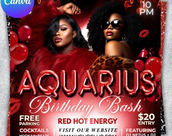 Birthday Flyer, Aquarius Birthday Flyer, Aquarius season, Birthday Party Evite, Birthday Girl Party, Happy Birthday Invite, Canva Editable