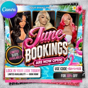 May include: A promotional flyer for June bookings featuring three portraits of individuals with different hair colours, pink flamingo and pool graphics, and text including "June Bookings Are Now Open," "Limited Slots Available," and "Use Code: Summer."