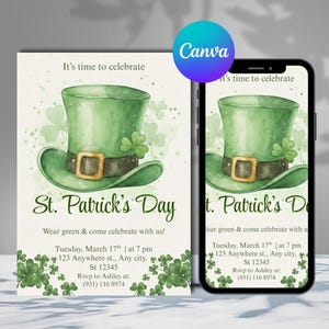 Puede incluir: Invitación del Día de San Patricio con un sombrero de duende verde acuarela, hebilla dorada y detalles de trébol. La invitación incluye el texto "Es hora de celebrar" y los detalles del evento. Un smartphone muestra el mismo diseño.