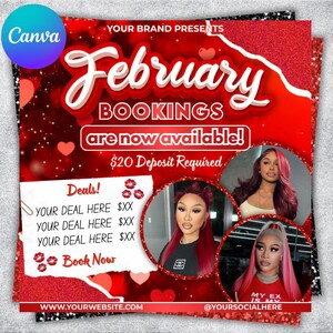 Könnte beinhalten: Eine rot-schwarze Werbegrafik für Februar-Buchungen. Das Design zeigt den Text "February Bookings are now available!" und enthält Bilder von drei Frauen. Die Grafik enthält auch den Text "Deals!" und "Book Now."