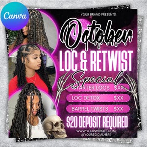 May include: A promotional flyer for October loc and retwist specials. The flyer features images of braided hairstyles, a skull, and text including "October Loc & Retwist Special" and "$20 Deposit Required."