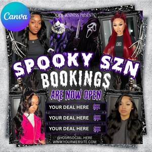 May include: A promotional graphic with a spooky theme, featuring images of people, a clown, and a character from the movie Scream. The text "SPOOKY SZN BOOKINGS ARE NOW OPEN" is prominently displayed, along with website and social media information.