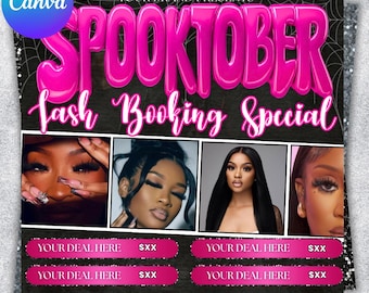 Peut inclure: Flyer promotionnel avec le texte "SPOOKTOBER Lash Booking Special" en rose. Le flyer comprend des images de femmes avec de longs cils et propose des offres. Le fond est noir avec un motif de toile d'araignée.