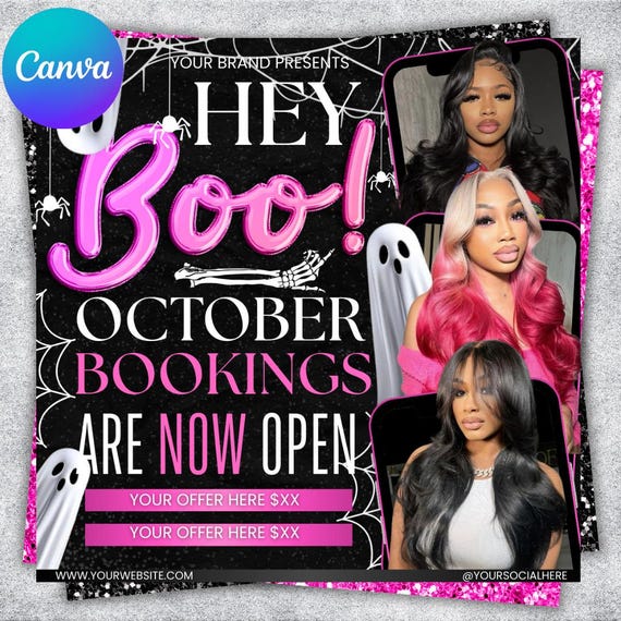 October Booking Flyer, October Books Open, Halloween Hair Flyer, Spooky SZN Flyer, October Hair Flyer, Nails MUA Lash Locs Wig, DIY Canva