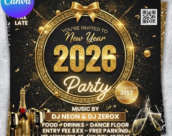 New Year Party Flyer 2026, Year Event Flyer, Night Party, Night Club, Countdown Night Event, Happy New Year, Dj Party Flyer, Canva Editable