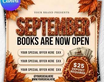 September Booking Flyer, September flyer, Fall Booking Flyer, September Books Open, Wig Install, Lash Nail Braids Flyer, Editable in Canva