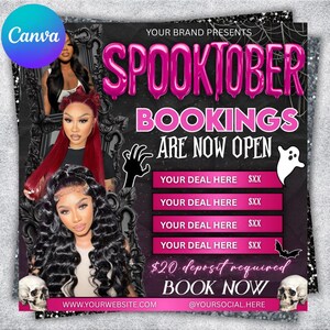 May include: A promotional graphic for Spooktober bookings. The design features the text "SPOOKTOBER BOOKINGS ARE NOW OPEN" in pink balloon-style letters. The image includes photos of women, skulls, and a ghost illustration. Website and social media handles are also included.