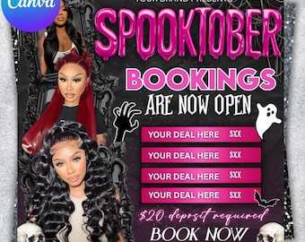 Flyer especial para cabelos em outubro, folheto com reservas disponíveis para a temporada assustadora, lista de preços para salões de cabeleireiro assustadores, instalação de perucas, modelo Canva