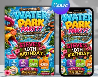 Water Park Birthday Invitation,Water Park Party Invitation,Summer Pool Party,Waterslide Birthday Party,Instant Download,Editable,Canva