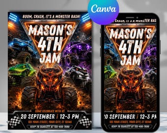 Monster Truck Birthday Invitation Editable Canva Template, Monster Jam Party Invite, Racing Birthday, Boy Birthday Instant Download