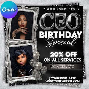 May include: Black and silver promotional graphic with two framed portraits of a woman. Text reads "CEO BIRTHDAY Special 20% OFF ON ALL SERVICES" with a discount code and social media handles.