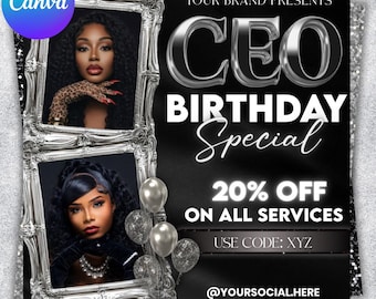 May include: Black and silver promotional graphic with two framed portraits of a woman. Text reads "CEO BIRTHDAY Special 20% OFF ON ALL SERVICES" with a discount code and social media handles.