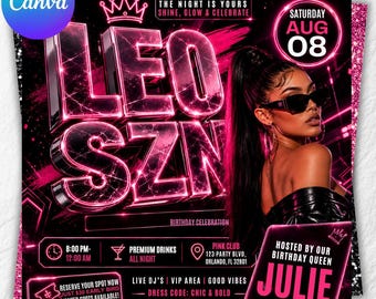 Leo Season Birthday Flyer, Leo Birthday Flyer, Birthday Girl Flyer, Birthday Event Celebration Flyer, Birthday Party Invite, DIY Canva