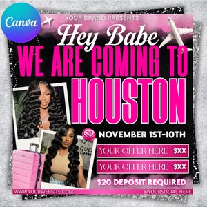 Könnte beinhalten: Werbeflyer mit schwarzem Hintergrund und pinkfarbenem Text mit der Aufschrift "Hey Babe, We Are Coming To Houston". Der Flyer enthält Bilder einer Frau mit langen, welligen Haaren, einem rosa Koffer und einer Flugzeuggrafik. Die Veranstaltung findet vom 1. bis 10. November statt.