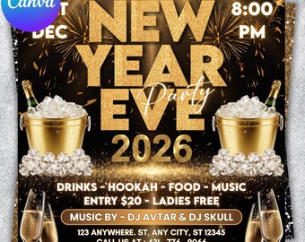 New Year Party Flyer 2026, Year Event Flyer, Night Party Flyer, Night Club Flyer, Countdown Night Event, Happy New Year, DIY Party Template