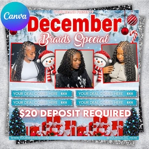 May include: A promotional flyer for December Braids Special, featuring three women with different braided hairstyles. The flyer has a winter theme with snow, Christmas ornaments, and gift boxes. Text includes "December Braids Special" and "$20 Deposit Required."