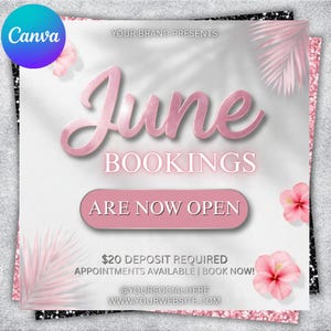 以下が含まれることがあります： 淡い灰色の背景に、ピンクの筆記体で「June」と書かれたプロモーション用グラフィック。テキスト「BOOKINGS ARE NOW OPEN」も表示されています。ピンクの花と葉のアクセントがテキストを囲み、左上にCanvaのロゴがあります。