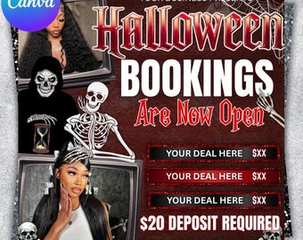 Boekingsflyer oktober, oktober Books Open, Halloween-haarflyer, Spooky SZN-flyer, schoonheidsflyer oktober, nagels MUA, haar, boeking, prijzen