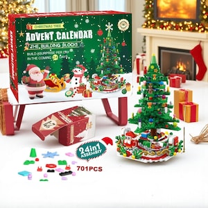 May include: A Christmas-themed Advent calendar with a green and red box featuring a Christmas tree design and the text "Advent Calendar". The set includes building blocks to assemble a Christmas tree and other festive elements. The set includes 701 pieces.