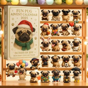 Puede incluir: Un calendario de Adviento Fun Pug para 2025, con 24 días de alegría. La caja del calendario muestra un pug con gorro y bufanda de Papá Noel. Las estanterías contienen figuras de pug con varios atuendos, como chef y esquiador.