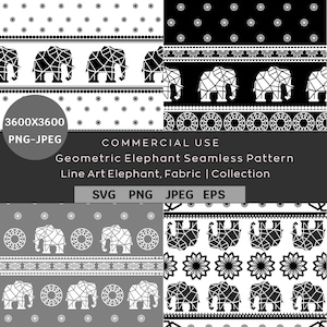 Peut inclure: Plusieurs motifs sans couture géométriques d'éléphants en noir et blanc. Les motifs comprennent des éléphants en art linéaire, des motifs floraux et des motifs à pois. L'image comprend également le texte "Geometric Elephant Seamless Pattern" et "Commercial Use."