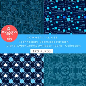 May include: Four digital seamless patterns with a technology theme. The patterns feature circuit board designs in shades of blue and white. The image includes the text "COMMERCIAL USE" and "Technology Seamless Pattern".
