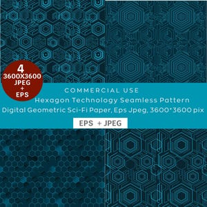 Peut inclure: Quatre motifs numériques sans couture avec un design de technologie hexagonale dans des tons de bleu. L'image comprend le texte "Hexagon Technology Seamless Pattern" et "Digital Geometric Sci-Fi Paper, Eps Jpeg, 3600*3600 pix."