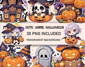 Cute Chibi Halloween Clipart Bundle – Kawaii Spooky Characters, Ghosts, Pumpkins, Black Cats PNG for Decor & Commercial Use