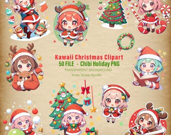 Kawaii Christmas Clipart | Chibi Holiday PNG | Cute Santa Reindeer Gingerbread | Xmas Sticker Bundle | Planner Sublimation Art