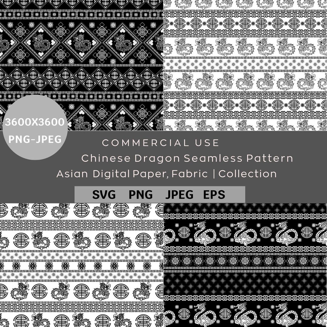 Chinese Dragon Seamless Pattern, Black and White Oriental Background ...