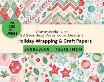 Christmas Seamless Pattern JPEG | Holiday Botanical Digital Paper | Watercolor Ornament Background | Wrapping Printable Art