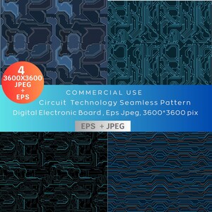 Puede incluir: Cuatro patrones de placas de circuito digital en tonos de azul y verde azulado. La imagen incluye el texto "Circuit Technology Seamless Pattern" y "Digital Electronic Board, Eps Jpeg, 3600*3600 pix". La imagen también incluye el texto "EPS + JPEG".