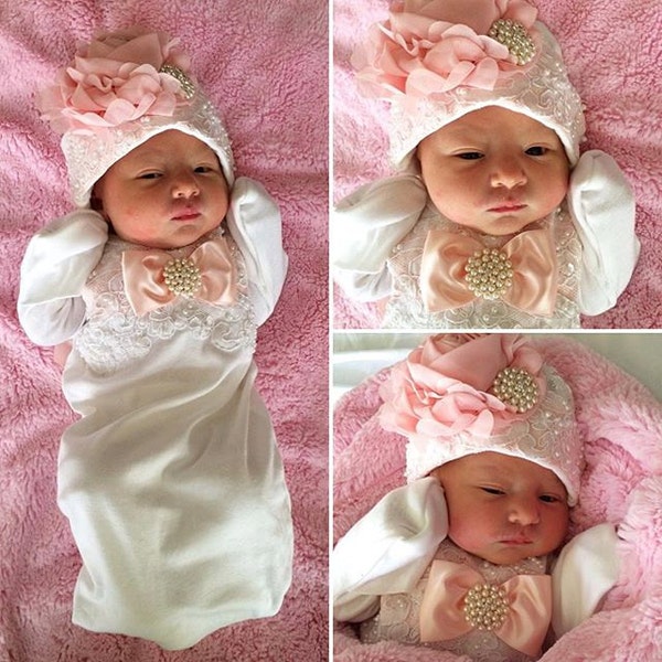 Newborn Girl Coming Home Outfit, Pink Lace Beaded Layette Gown, Infant Clothing