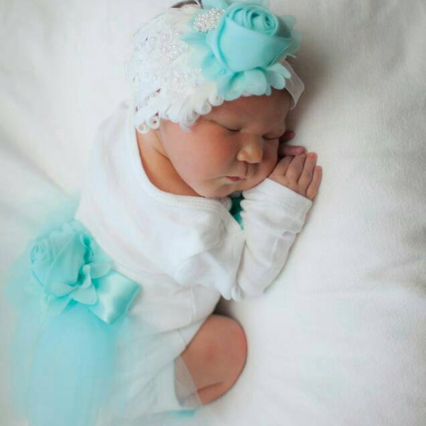 Newborn Girl Coming Home Outfit, Designer Aqua Lace Baby Bodysuit_Christening Gown_Baby Girl Outfits_Preemie Clothes_Infant Girl Clothes