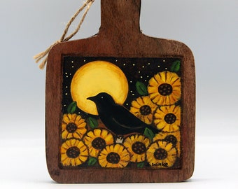Hand-Painted Halloween Folk Art Cutting Board, Crow Sunflower Moon Scene