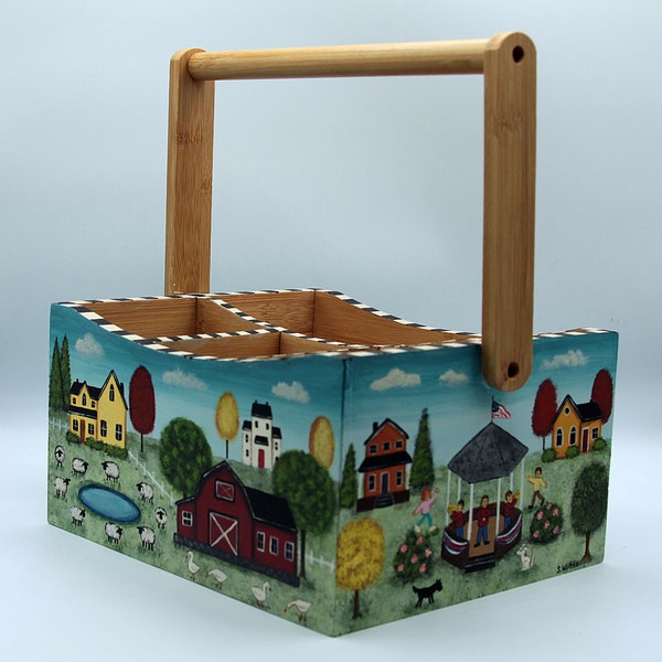 Hand Painted Folk Art Hand Painted Vintage Wooden Caddy, Primitive Town and Country Saltbox Houses, Red Barn, Sheep, Cottagecore, Naive Art