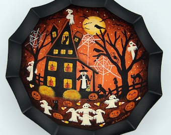 Vintage Hand Painted Halloween Folk Art Bowl, Saltbox House, Ghosts, Pumpkins, Spooky Tree