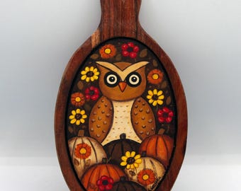 Hand Painted Folk Art Charcuterie Board, Owl Pumpkin Fall Decoration, Cottagecore Americana