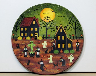 Halloween Folk Art Plate, Witches, Ghosts, Bats, Full Moon Scene