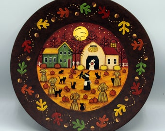 Hand Painted Folk Art Wood Plate, Halloween Saltbox House, Witch, Ghost, Pumpkins, Black Cats