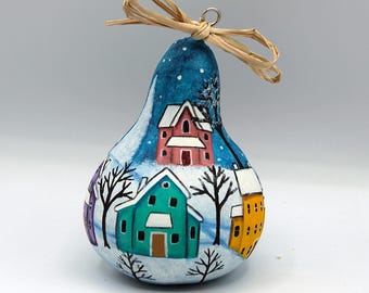 Hand Painted Gourd Ornament, Folk Art Winter Village Scene, Primitive Snow Cottagecore Decoration