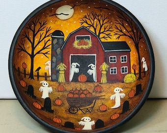 Hand Painted Halloween Folk Art Wood Bowl, Spooky Ghosts, Red Barn, Naive Art
