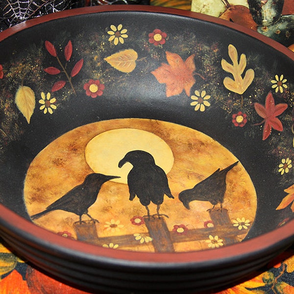 Folk Art Halloween Hand Painted Large Wooden Trick or Treat Bowl - MADE TO ORDER - Three Crows Sitting on a Fence in Moonlight Autumn Leaves