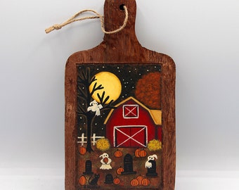 Halloween Folk Art Painting, Primitive Wood Cutting Board, Spooky Tree, Full Moon, Ghosts, Pumpkins